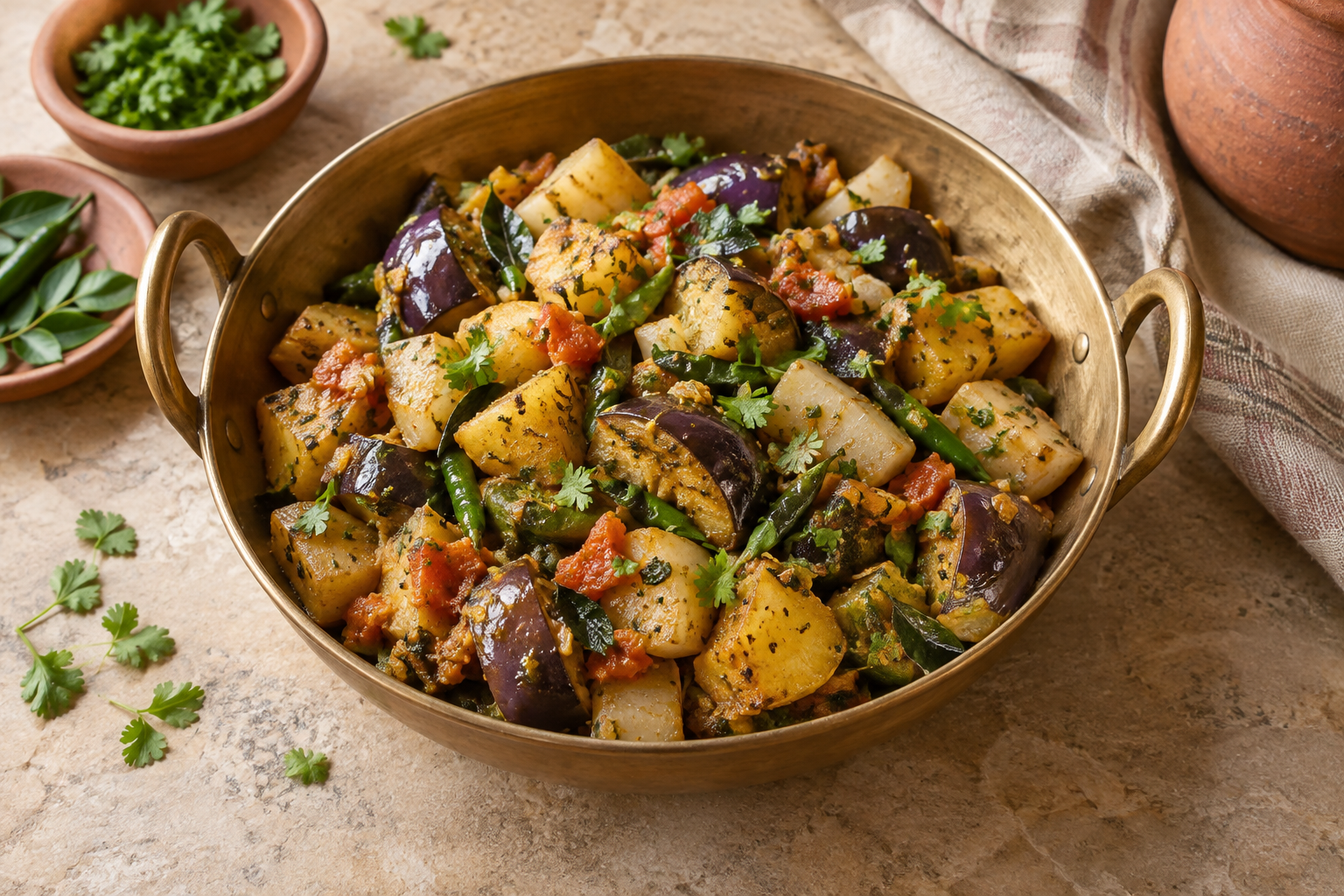 Illustration of potato, purple-skinned brinjal and radish sabzi topped with coriander in a brass bowl.