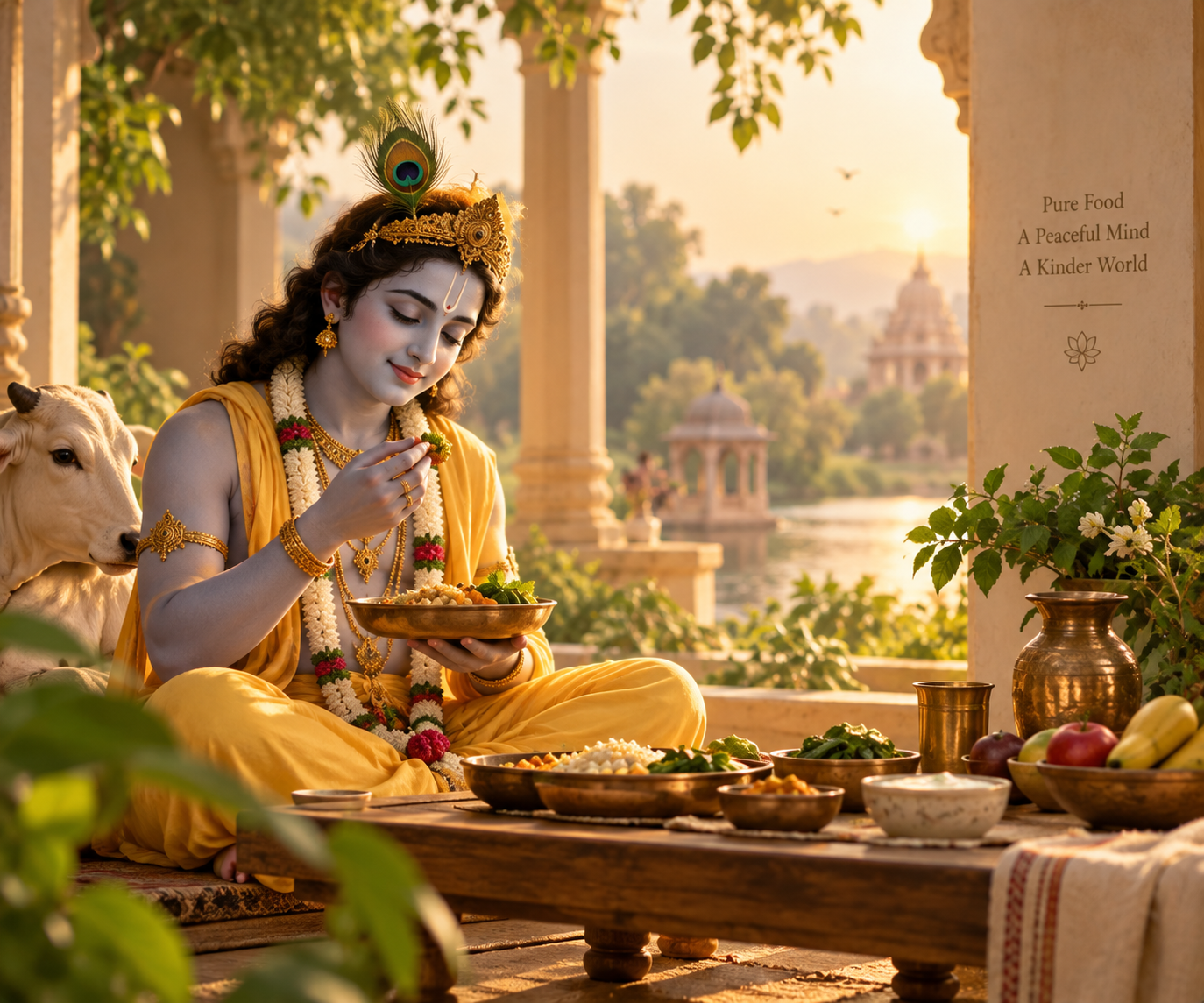 Artwork of Krishna enjoying a sattvic meal beside a cow in a sunlit courtyard